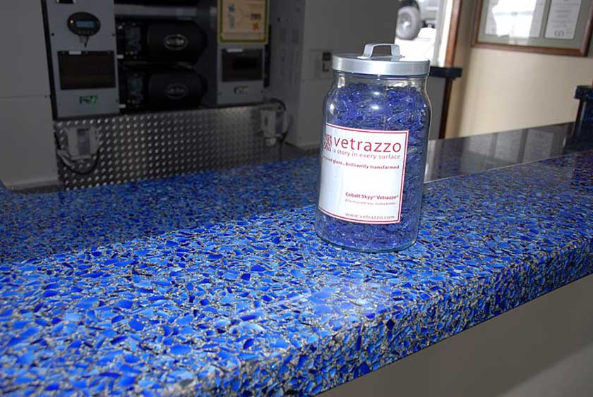 Blue color glass top countertop made of recycled glass.