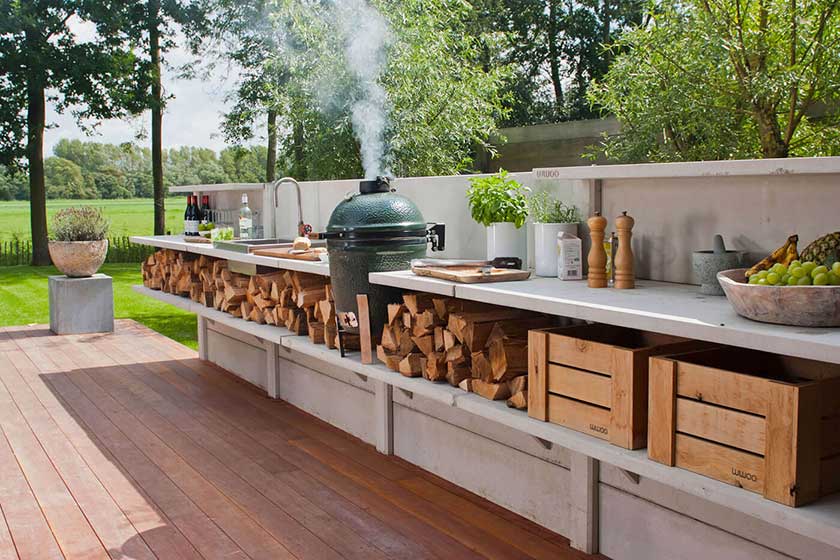 open shelves with lumber below and everything above the while shelf