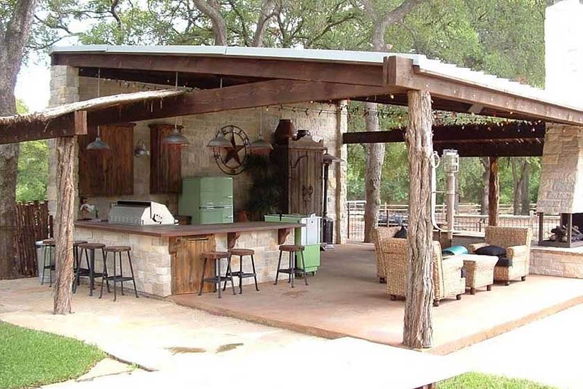 outdoor living area made from wood and rocks