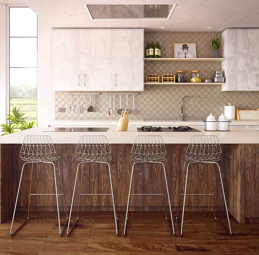 white floating kitchen cabinets with steel stools in front of the brown countertop